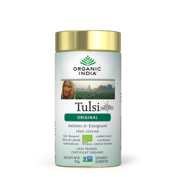 Ceai Tulsi (Busuioc Sfant) original (fara gluten) BIO Organic India – 100 g driedfruits.ro/ Ceaiuri & Creme medicinale